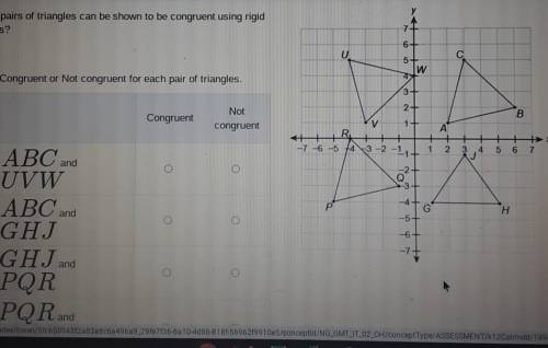 Which pairs of triangles can be shown to be congruent using rigid motions ?

select congruent or n