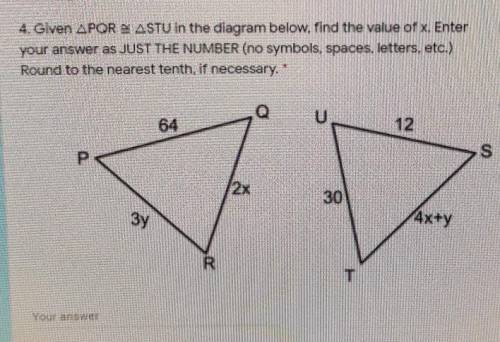 Given PQR is congruent to STU, find the value of x