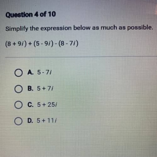 Simplify the expression below as much as possible.
(8 + 9i) + (5 - 91) - (8 - 7i)