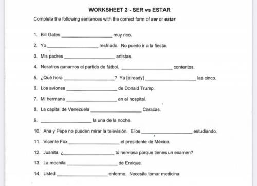 WORKSHEET 2 - SER vs ESTAR

Complete the following sentences with the correct form of ser or estar