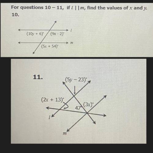 For questions 10-11 if l || m, find the values of x and y.