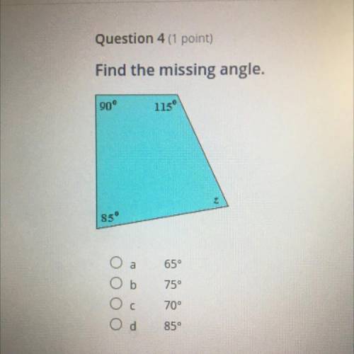 Find the missing angle.
A.65
B.75
C.70
D.85
