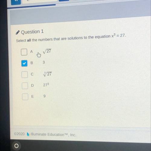 select all the numbers that are solutions to the equation x^3=27