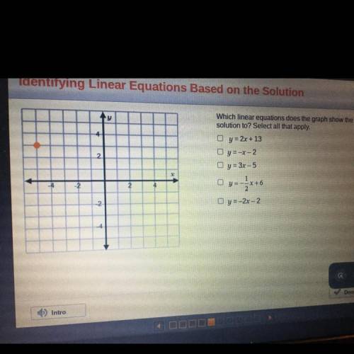 Which linear equations does the graph show the

solution to? Select all that apply.
y=2x +13
y=-x-