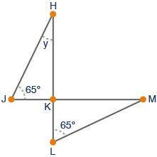The image shown has two triangles sharing a vertex:

 
What is the measure of ∠KML, and why?
y over