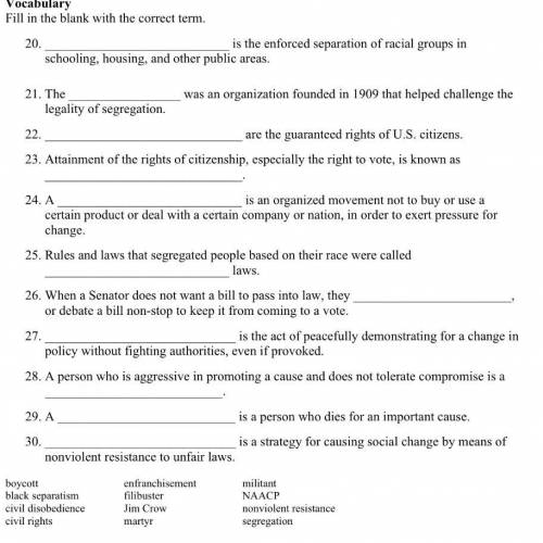 Civil rights movement vocabulary test ( Please help)