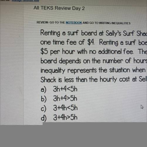 HELP ASAP!!

Renting a surf board at Sally's Surf Shack costs $3 per hour plus a
one time fee of $