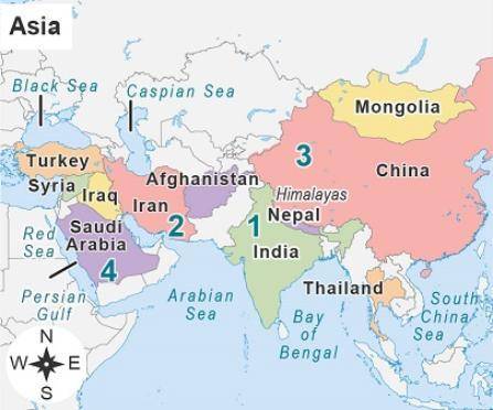 Review the map of Asia.

A map titled Asia with labels 1 through 4. 1 is in northwestern India. 2