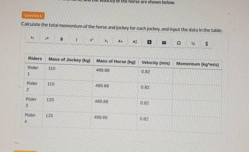 Question 6 Calculate the total momentum of the horse and jockey for each jockey, and input the data
