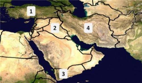 The map above shows the countries of the Middle East. Which number on the map shows the location of
