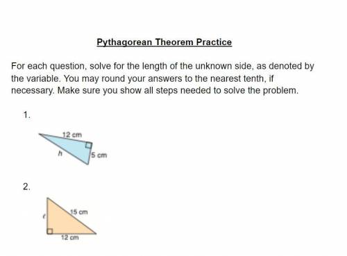 Subject : Pythagorean Theorem

For each question, solve for the length of the unknown side, as den