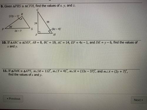 Number 10. Geometry triangles find the values of x and y, try to explain. But, optional