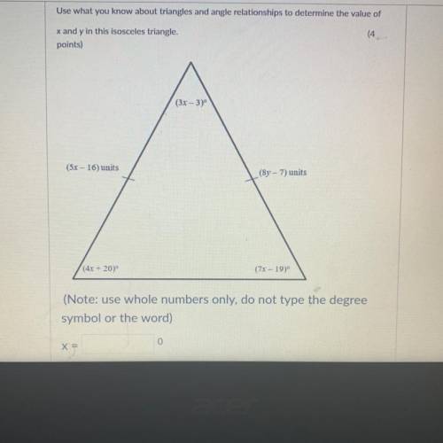 Use what you know about triangles and angle relationships to determine the value of x and y in this