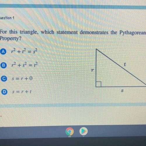 HELP PLEASE
For this triangle, which statement demonstrates the Pythagorean
Property?