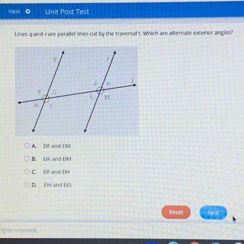 Lines q and r are parallel lines cut by the transversal t. Which are alternate exterior angles?