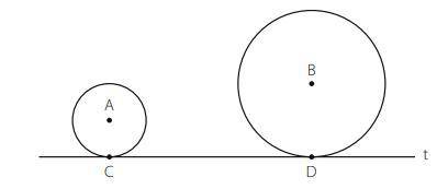 Os raios das circunferências de centros nos pontos A e B medem, respectivamente, 3 cm e 8 cm. A ret