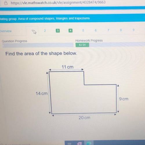 PLEASE HELP MEEEEE Find the area of the shape below.
11 cm
14 cm
9 cm
20 cm