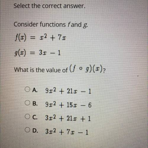 Consider function f and g 
f(x)=x^2+7x
g(x)=3x-1
what is the value of (f•g)(x)