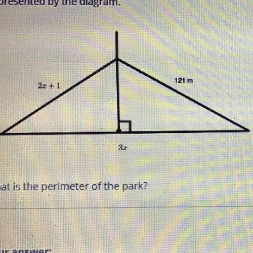 A triangular park has a walkway that is perpendicular to one of the sides of the park and divides t