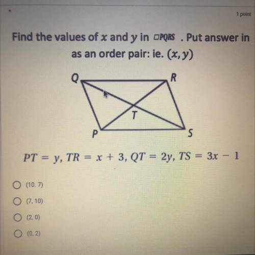 Find the values of x and y in PQRS. Put answer in
as an order pair: ie. (x, y)