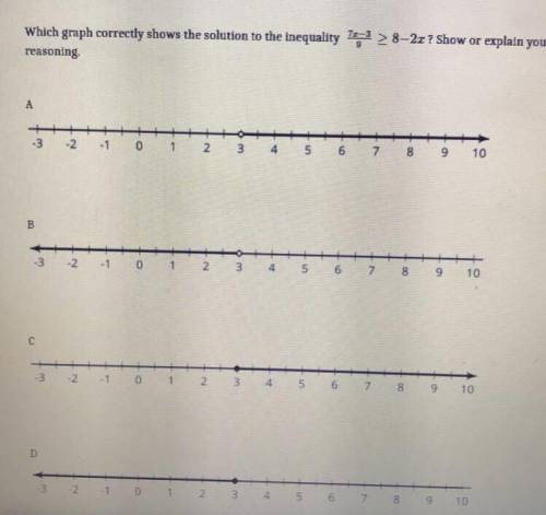 CAN SOMEONE PLEASE HELP ME 
the equation is 7x-3/9 > 8-2x