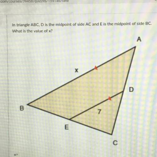 In triangle ABC, D is the midpoint of side AC and E is the midpoint of side BC.

What is the value