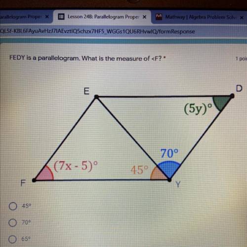 FEDY is a parallelogram. What is the measure of angle F?