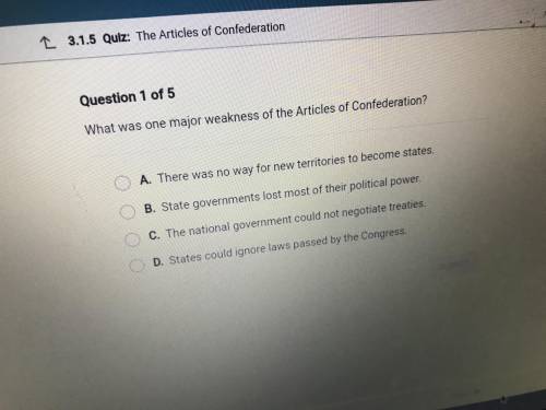 What was one major weakness of the articles of confederation