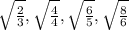 \sqrt\frac{2}{3}, \sqrt\frac{4}{4}, \sqrt\frac{6}{5}, \sqrt\frac{8}{6}