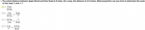 The actual distance between Apple Street and Pear Road is 8 miles. On a map, the distance is 3.5 in