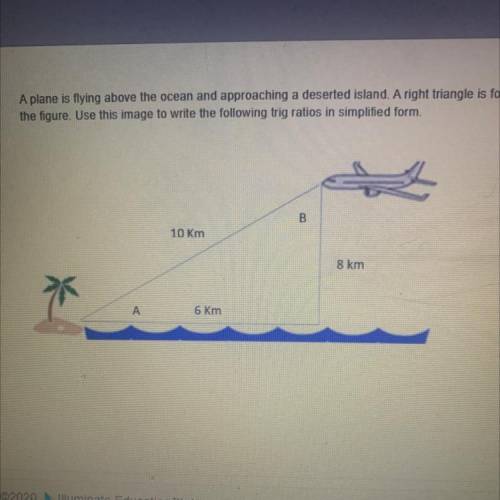 A plane is flying above the ocean and approaching a deserted island. A right triangle is formed as