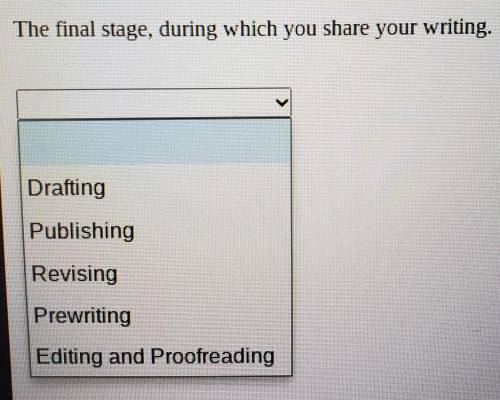 The final stage, during which you share your writing. Choices are: Drafting, Publishing, Revising,