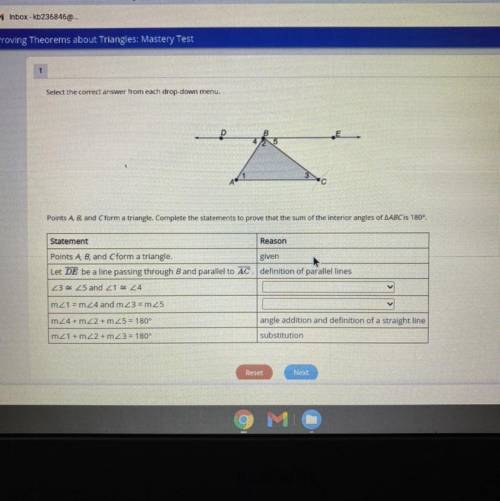 Select the correct answer from each drop-down menu.

Points A B, and Cform a triangle. Complete th