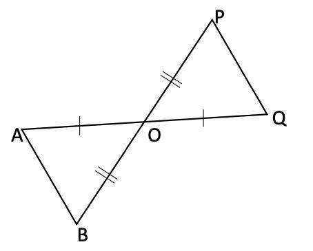 In the figure O is the midpoint of AQ and BP. (i) Is ΔOAB≅ΔOQP?

(ii) Which pairs of matching pair