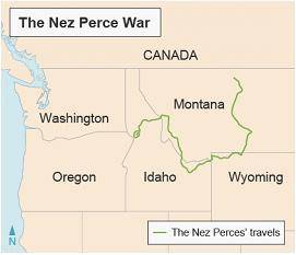 The map shows the route tribes took from Idaho during the Nez Perce War.

Where were the Nez Perce