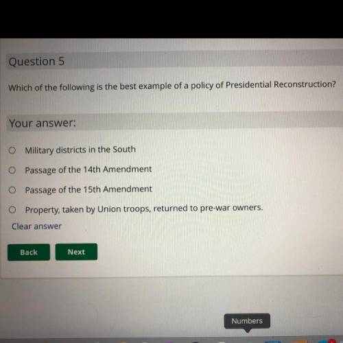 PLZ HELP Which of the following is the best example of a policy of Presidential Reconstruction?