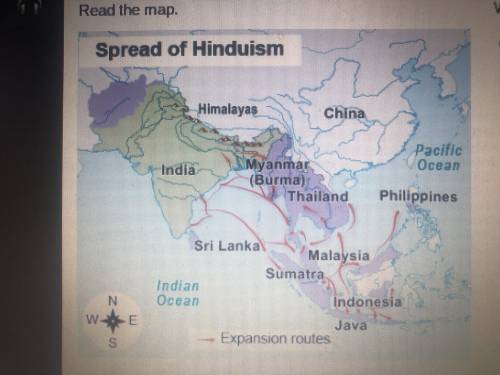 What does the map show about the spread of Hinduism?

A) Hinduism spread to areas of western India