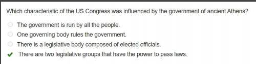 Which characteristic of the US Congress was influenced by the government of ancient Athens?

The g