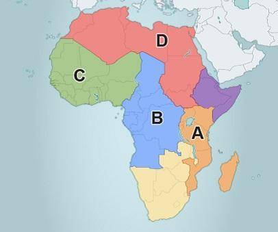 Which region is marked with the letter B?

Southern Africa 
Central Africa
West Africa
North Afric