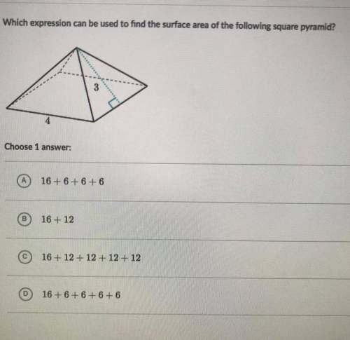 Which expression can be used to find the surface area of the following square pyramid?

A. 16+12+1