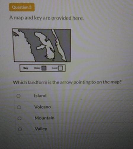 Which landform is the arrow pointing to on the map? Island, Volcano , Mountain , Valley