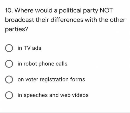 10. Where would a political party NOT broadcast their differences with the other parties?