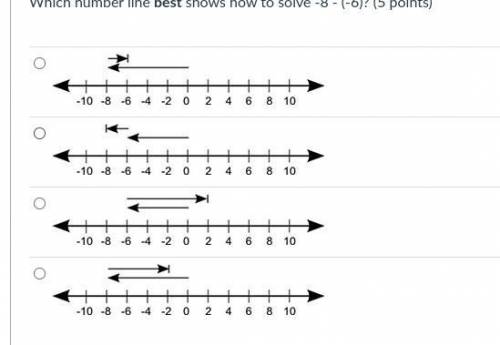 Which number line best shows how to solve -8 - (-6)?
PLEASE HELP WILL GIVE BRAINILIST