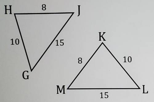 These triangles can be proven congruent by:

- ASA- AAS- SSS- HL- SAS- Can't be proven