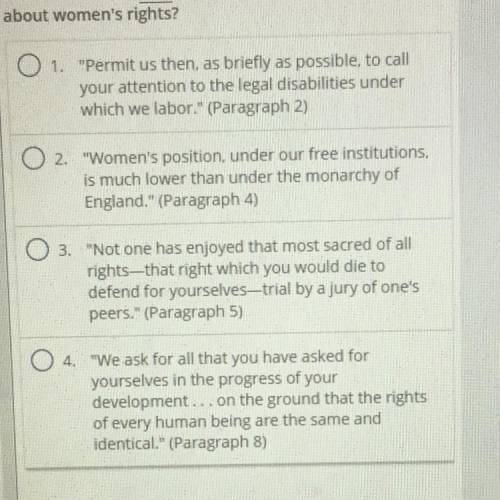 Which statement best supports the authors central idea about women's rights?

Please hurry and ans