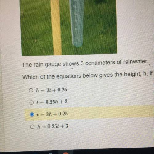 The rain gauge shows 3 centimeters of rainwater

Which of the equations below gives the height, h,