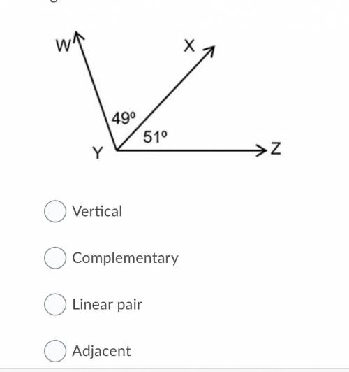 Identify the pair of angles shown in the figure.

Question 17 options:
Vertical
Complementary
Line