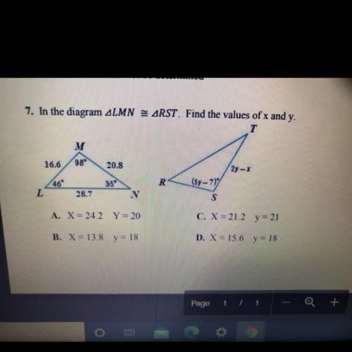 In the diagram triangle LMN is congruent to triangle RST. Find the values of x and y.