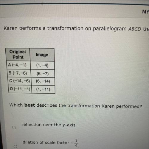 HELP ASAP!! PLS I NEED HELP

Which best describes the transformation Karen performed ? 
A) reflect