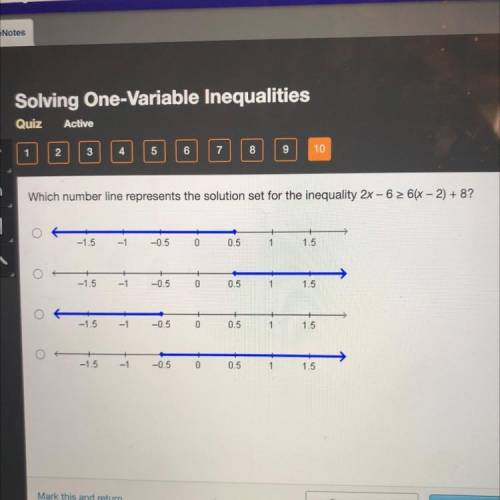 Which number line represents the solution set for the inequality 2x- 626-2) + 8?

-0.5
0
0.5
15
15